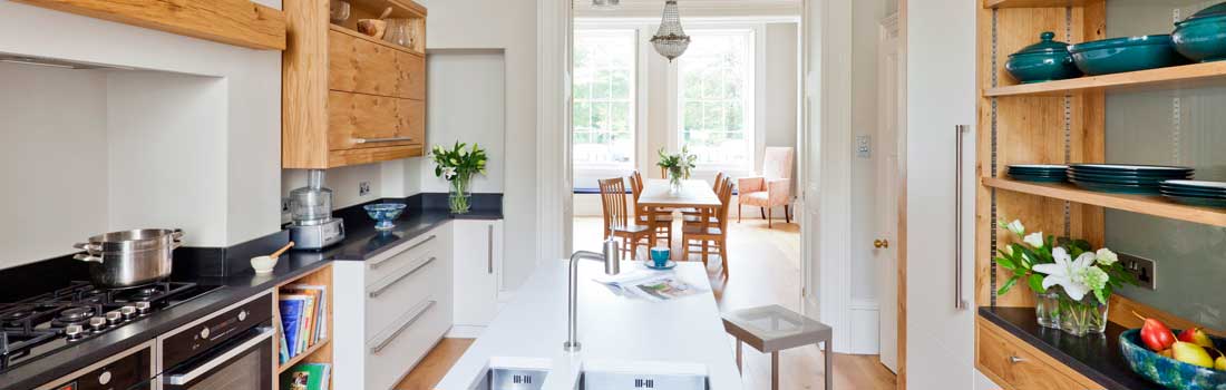 Kitchen with Pippy Oak veneers and eggshell lacquer in regency town house, Clifton Bristol